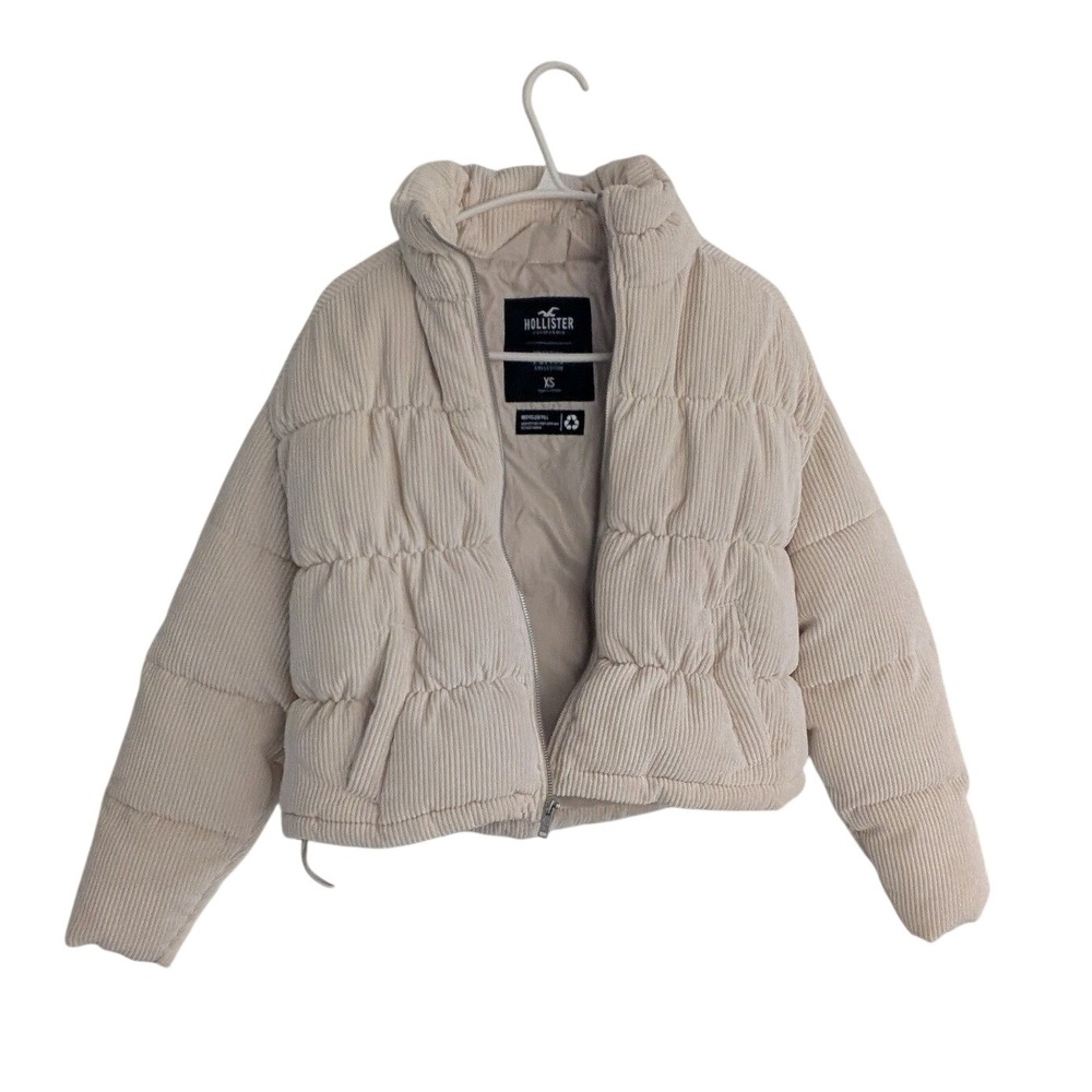 Hollister Cream Corduroy Puffer Jacket XS Full Zip Quilted Recycled Fill Coat